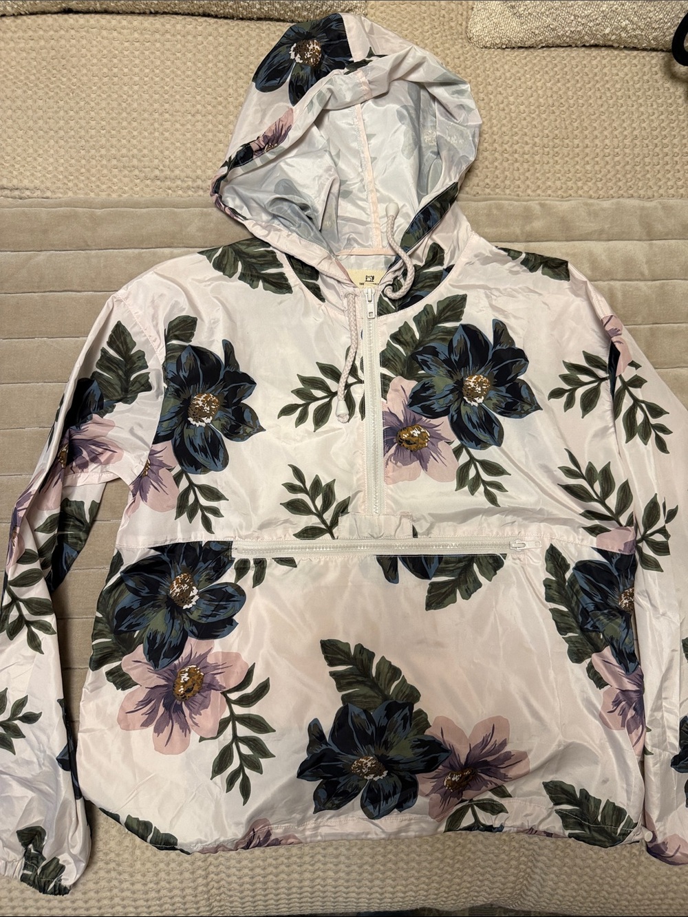 Floral Hooded Anorak Pullover - Pink with Navy & Green Flowers windbreaker
